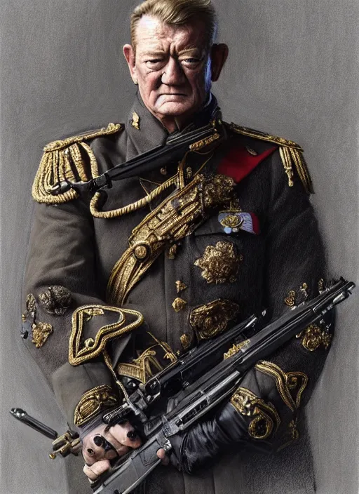 Image similar to portrait of supreme leader john wayne, royalty, extravagant, lord, full body, military uniform, fantasy, intricate, elegant, beautiful, highly detailed, charcoal, centered, dark, smokey, digital painting, artstation, concept art, art by artgerm and greg rutkowski and alphonse mucha