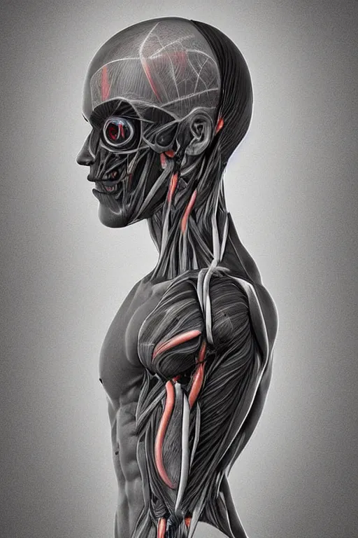 Image similar to symmetry!! optical anatomy concept art, medical anatomy, cybernetic eye, gun metal grey, nano machine, muscular system reference, anatomical art, digital art, in the style of amanda lilleston, luka mivsek, bryan christie, ranjit ghosh, artstation, pinterest, deviantart, photoshop, unreal engine