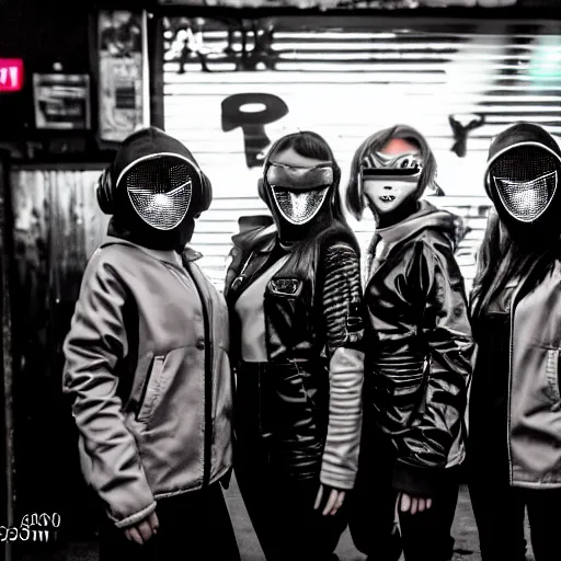 Image similar to photograph of a retro techwear female group near the bar of a packed busy rundown nightclub, lots of people, sharp and sparkly masks, retrofuturism, brutalism, cyberpunk, sigma 85mm f/1.4, 15mm, 35mm, tilted frame, long exposure, 4k, high resolution, 4k, 8k, hd, wide angle lens, highly detailed, full color, harsh light and shadow, diverse