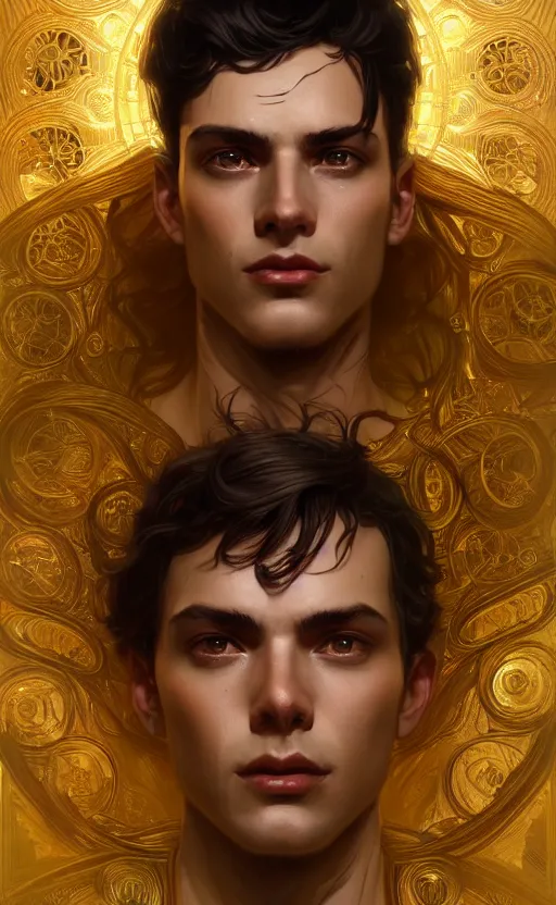 Image similar to portrait of a young handsome dark god, gold wires, intricate, headshot, highly detailed, digital painting, artstation, concept art, sharp focus, cinematic lighting, illustration, art by artgerm and greg rutkowski, alphonse mucha, cgsociety