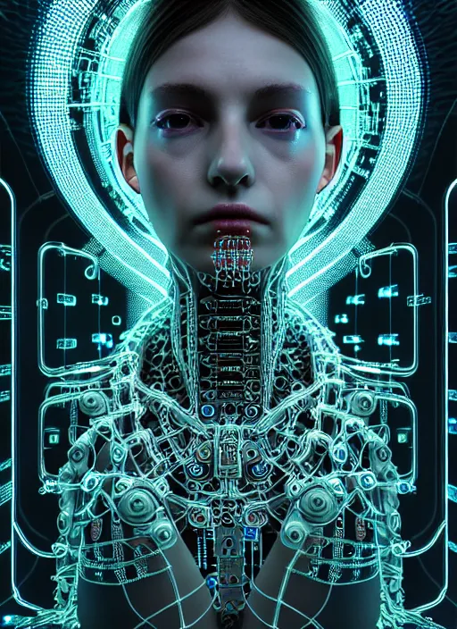 Image similar to timeless cybernetic deity girl with circuitry skin and networked mind tripping on acid, intricate detail, royo, whealan, giger, klimt, hd, octane render, unreal engine,