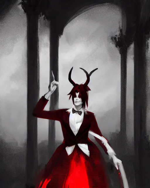 Image similar to Medium shot of Red Imp + White black striped horns + Formal outfit, in the style of greg rutkowski