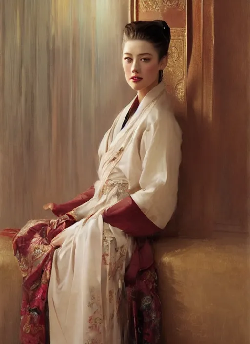 Prompt: detailed portrait of amber heard wearing hanfu, natural light, painting by gaston bussiere, craig mullins, j. c. leyendecker