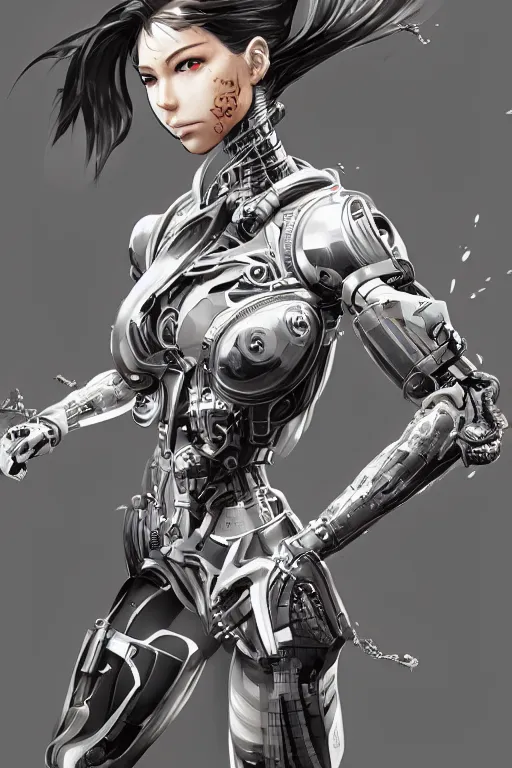 Image similar to cyborg in action, 3d, third person, sci-fi fantasy, intricate, elegant, highly detailed, lifelike, photorealistic, digital painting, artstation, illustration, concept art, sharp focus, art in the style of Shigenori Soejima