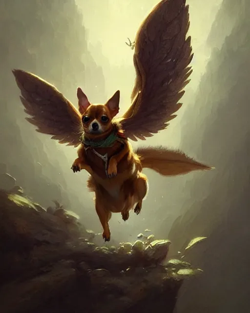 Image similar to a cute magical flying chihuahua with wings, fantasy art drawn by disney concept artists, greg rutkowski, golden colour, high quality, highly detailed, elegant, sharp focus, concept art, character concepts, digital painting, mystery, adventure