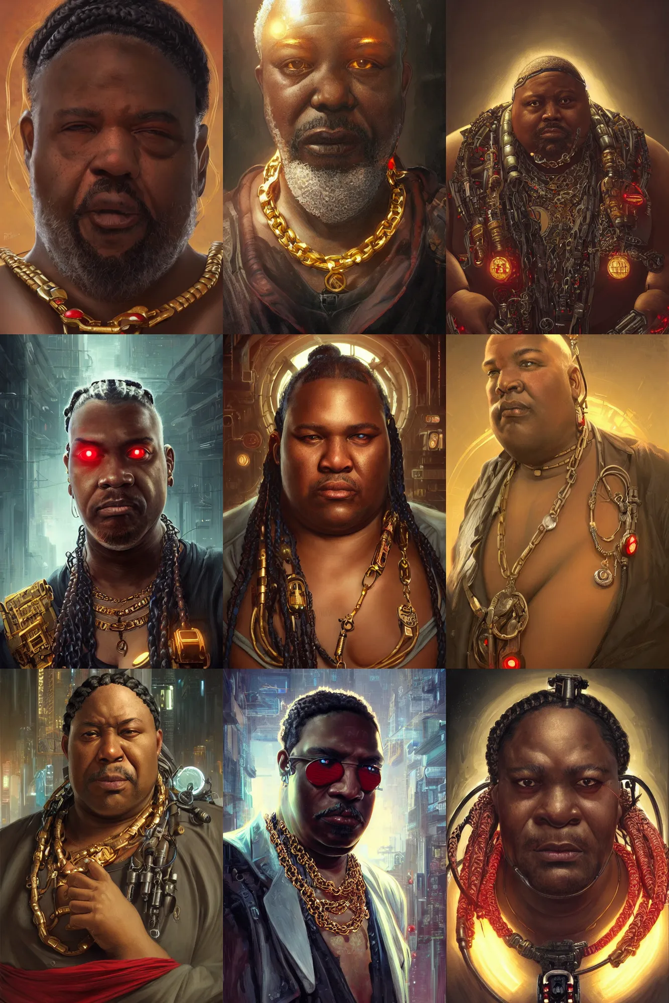 Prompt: Ultra realistic illustration, old fat black man with cyborg braids with red eyes and golden chains ,cyberpunk,sci-fi, fantasy, intricate, elegant, highly detailed, digital painting, artstation, concept art, smooth, sharp focus, illustration, art by artgerm and greg rutkowski and alphonse mucha