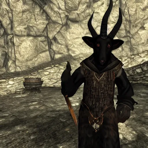 Image similar to an anthropomorphic black goat wizard in skyrim