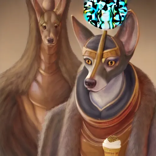 Image similar to Anubis God working at Starbucks, very detailed, artstation, illustration, masterpiece, digital art, Oil Painting, Furry Art