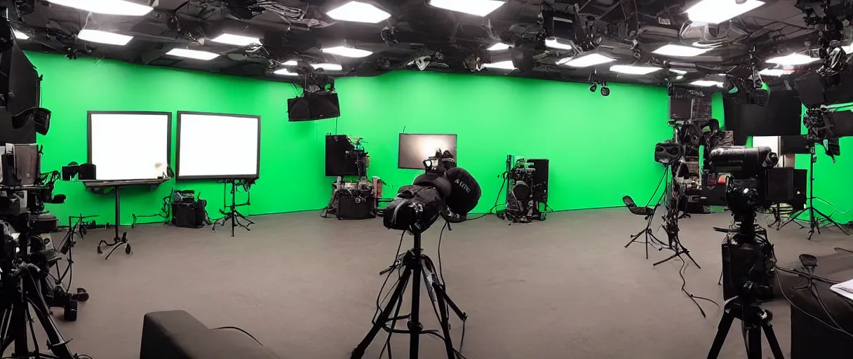 Image similar to photo of a movie set, green screen in the back, 4 cameras in the front, studio, movie set, realistic, studio lighting