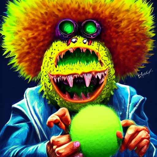 Image similar to a tennis ball monster ,tennis ball, colorful, final fantasy, digital art, fantasy, magic, trending on artstation, ultra detailed, professional illustration by Basil Gogos