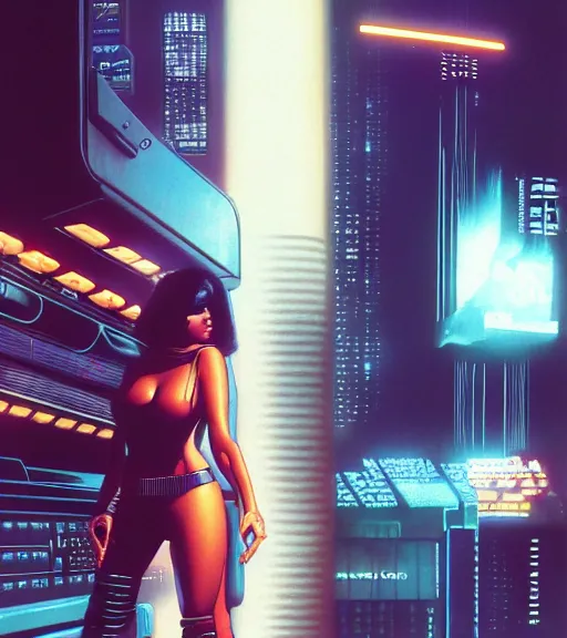 Image similar to cable plugged in, side of head, very very beautiful woman, cyberdeck computer terminal, street level night city, 1 9 7 9 omni magazine cover, style by vincent di fate, artgerm, cyberpunk 2 0 7 7, very coherent, detailed, 4 k resolution, unreal engine, daz