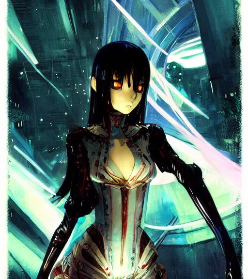 Image similar to stephan martiniere painting of an anime woman, direct flash photography at night, film grain