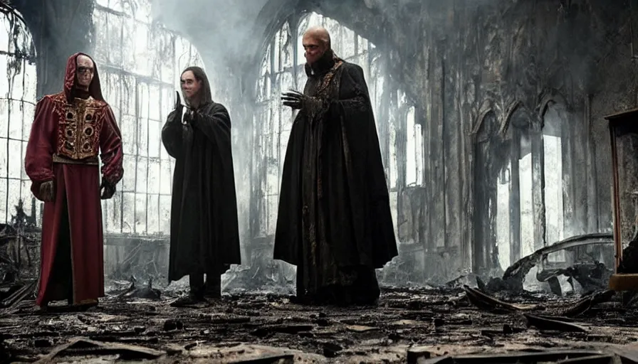 Image similar to Movie by Ridley Scott about a lavishly dressed necromancer priest and a cyborg zombie stand outside a burnt down 16th century alchemist lab