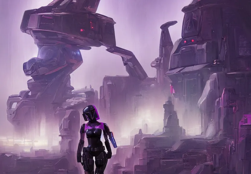 Image similar to painting of the figure of a woman in a futuristic space town, mandalorian, traveler, bounty hunter, hightech, planet and stars, neon, photorealism, jet fighter, high contrast, concept art, fully colored, purple filter, neon, dramatic lighting, digital art, 8 k, arkham city, call of cthulhu, extremely detailed, drawn by ruan jia