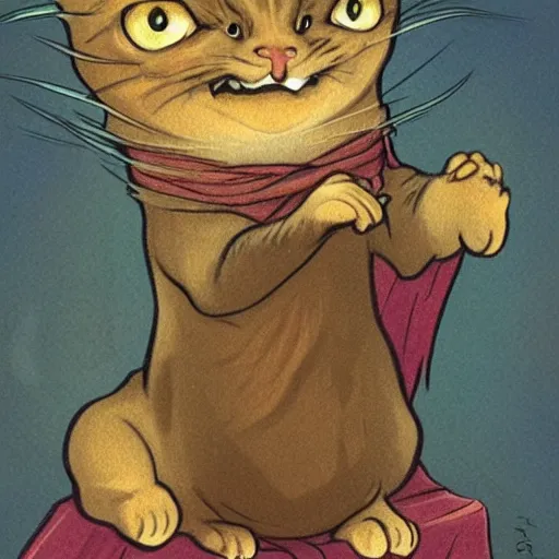 Prompt: a wizard cat is laughing as a small cat, dynamic pose, medium level shot, comedy, fantasy, illustration, mucha style,