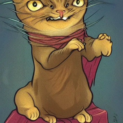 Image similar to a wizard cat is laughing as a small cat, dynamic pose, medium level shot, comedy, fantasy, illustration, mucha style,