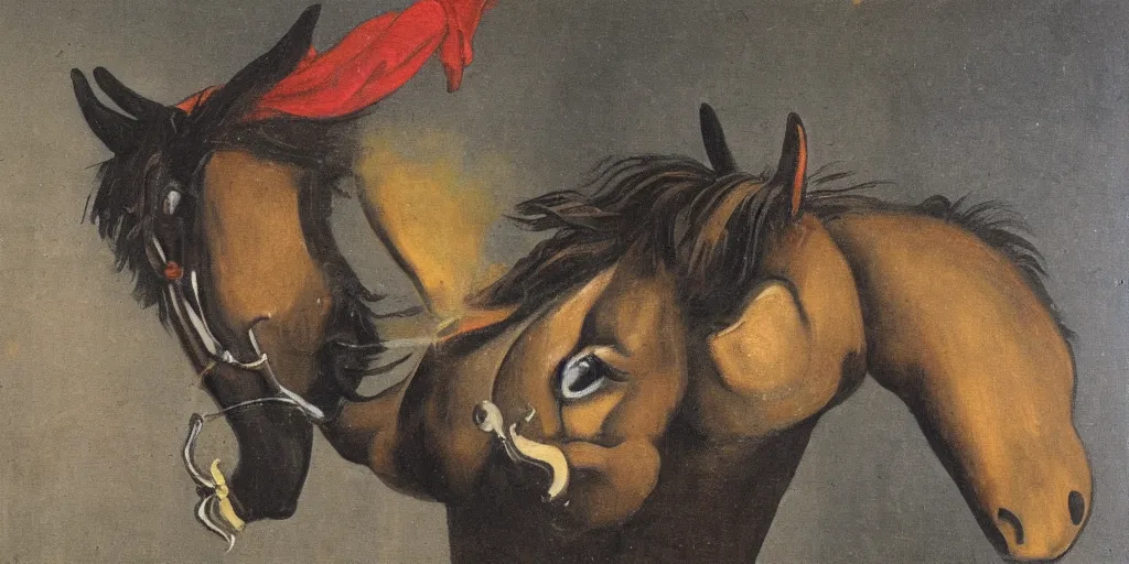 Prompt: a roccoco painting of a horse smoking a pipe