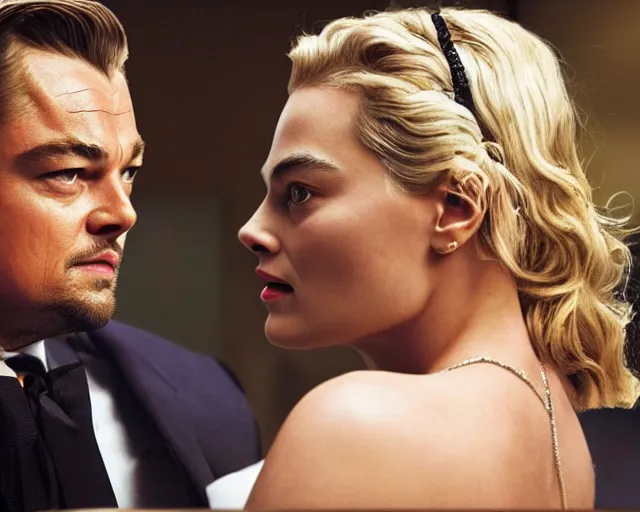 Image similar to leonardo dicaprio as the wolf of wall street next to margot robbie as naomi from the wolf of wall street, hyper realistic faces, detailed and hyper realistic eyes, cinematic, long shot, hyper detailed, 8 5 mm photograph, 8 k resolution, film still, sharp lens, wide lens