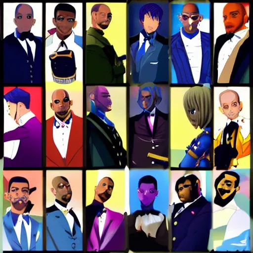 Image similar to will smith wearing luxury suits as a gacha game rare character, cartoon, anime, trend in pixiv, cool color pattern