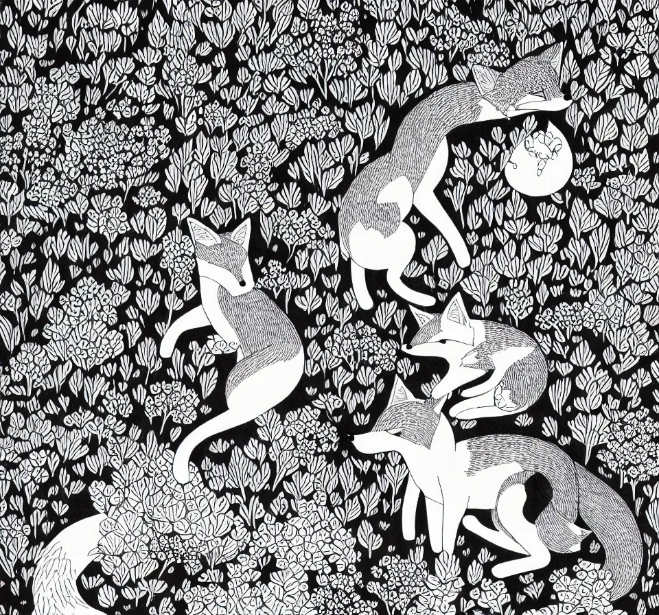 Prompt: fox playing in tranquillity garden black ink drawing by james jean very detailed high contrast xuan paper lush background