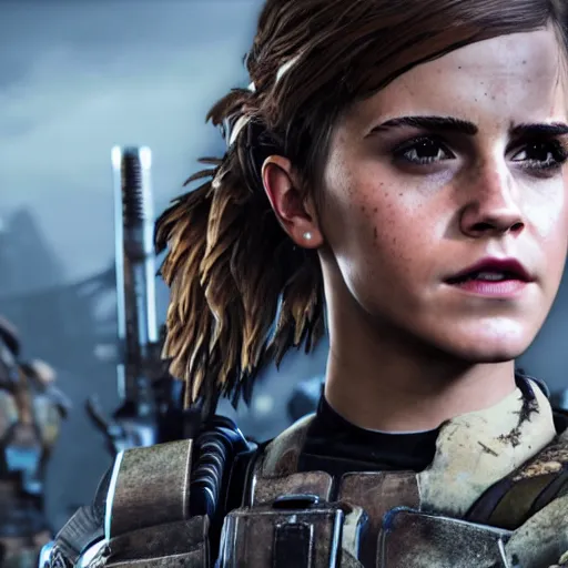 Image similar to emma watson in gears of war destiny 2 call of duty witcher 3 warframe pokemon mario spongebob fortnite ice cream smash bros highly detailed, extremely high quality, hd, 4 k, professional photographer, 4 0 mp, lifelike, top - rated, award winning, realistic, detailed lighting, detailed shadows, sharp, no blur, edited, corrected, trending