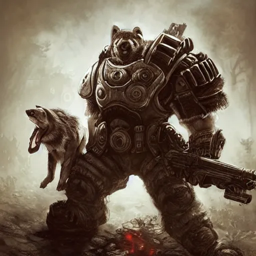 Image similar to cute little anthropomorphic Rabbit and Extreme Brutal Wolf in Gears of War cover art, ultra wide lens shot, tiny, small, short, cute and adorable, pretty, beautiful, DnD character art portrait, matte fantasy painting, DeviantArt Artstation, by Jason Felix by Steve Argyle by Tyler Jacobson by Peter Mohrbacher, cinematic lighting