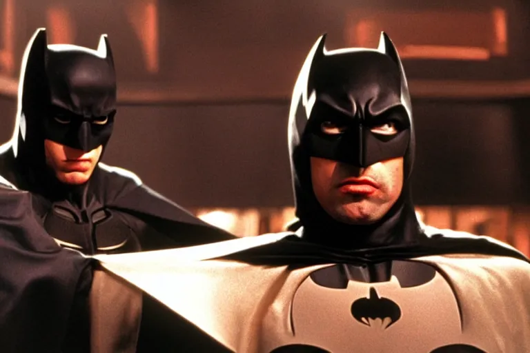 Prompt: film still of batman in pulp fiction.