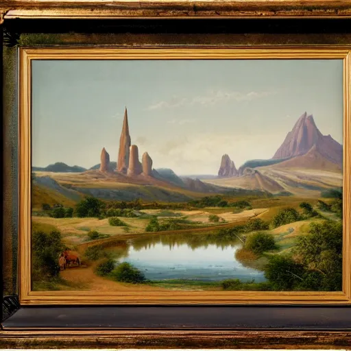 Image similar to a wide angle landscape of a prairie with a very large thin spire mountain in the distance and a wide river running in the middle of the frame with a city upon the river in the style of rococo digital painting