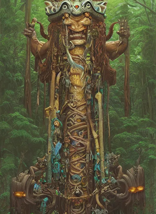 Image similar to a totem in the jungle representing amazonian shamanic tradition, tribal masks, totem, hyper detailed, art by christophe vacher