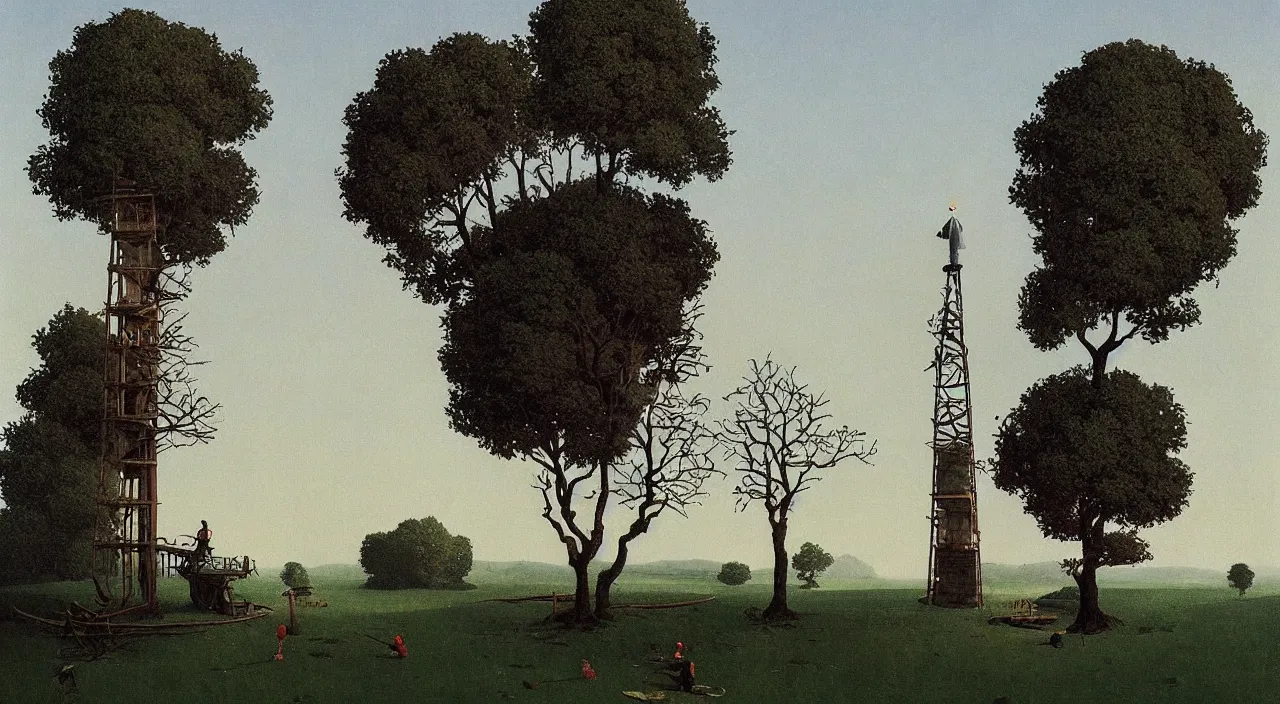 Prompt: single flooded simple wooden round tree tower!, very coherent and colorful high contrast!! masterpiece by rene magritte simon stalenhag carl spitzweg syd mead norman rockwell edward hopper james gilleard, minimalist, dark shadows, sunny day, hard lighting