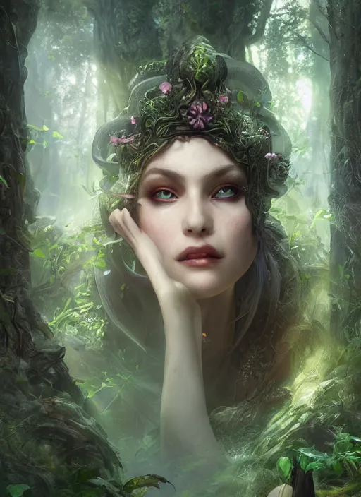 Image similar to Beautiful art portrait of a female fantasy sorceress in a dark mystical fantasy temple surrounded by lush spring time forest, atmospheric lighting, intricate detail, cgsociety, hyperrealistic, octane render, RPG portrait, ambient light, dynamic lighting