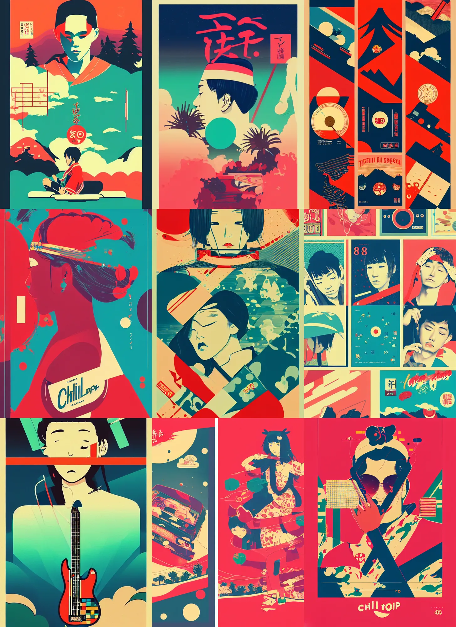 Prompt: beautiful illustration of layout of japanese pop art, chillhop, obi strip, poster, 8 0 s, album art, trendy typography, lo - fi, logo, landscape, pinterest, dribble, influenced by retro and vintage, artstation, 8 k, user interface