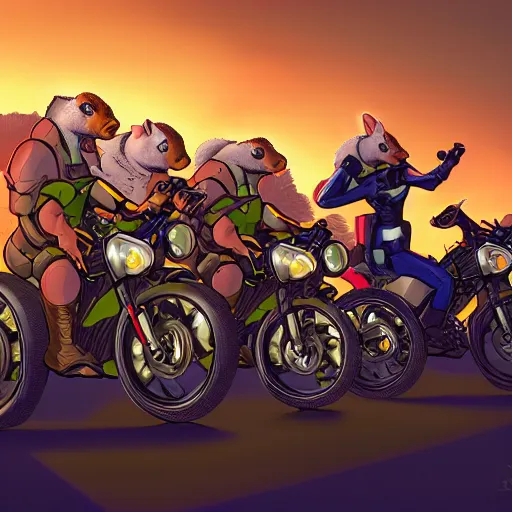 Prompt: portrait of biker mice from mars, backlighting, golden hour, contrast, detailed, focus, digital painting, concept art, illustration, artstation, art steven stahlberg and goya