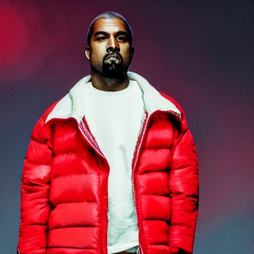 Image similar to kanye west wearing a red puffer jacket and red pants, standing in a stadium, white light shining on him
