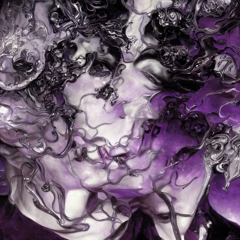 Prompt: a dark baroque close - up portrait of a purple and white porcelain being made out of white liquid sci - fi vitrified translucent ceramic marble ; china. reflective detailed textures. gloomy black background. highly detailed fantasy science fiction painting by moebius, norman rockwell, frank frazetta, and syd mead. rich colors, high contrast. artstation