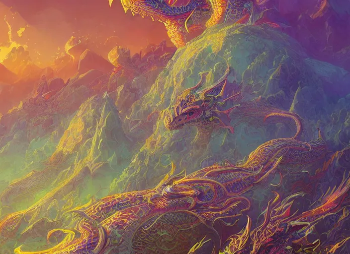 Image similar to psychedelic concept art of a dragon landscape made of thousands of spiraling dragons, cel shaded, in the style of makoto shinkai and moebius and peter mohrbacher and anton fadeev