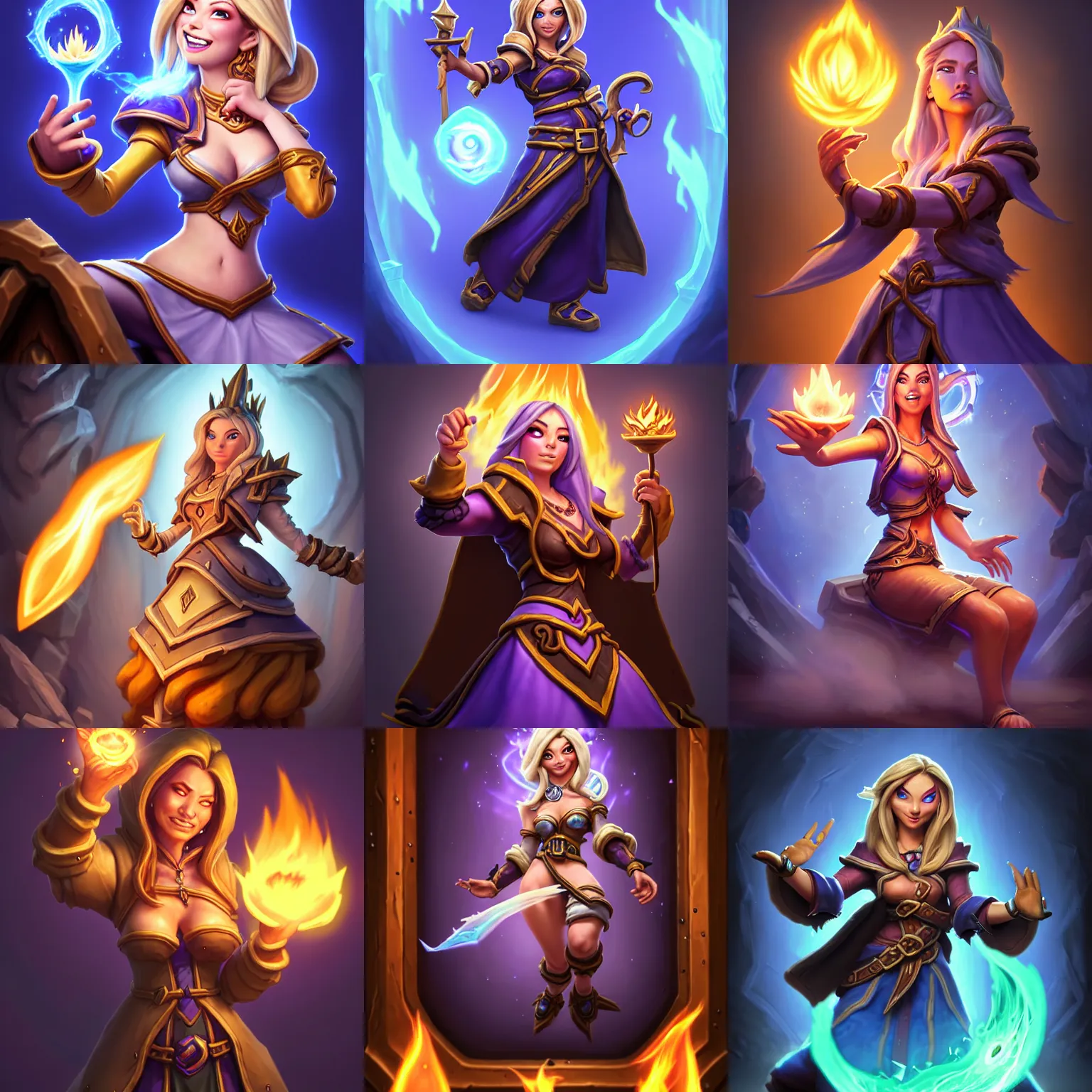 Prompt: Closed eyes. Hearthstone official professional art. A sorceress, wearing a robe casting a fire ball. Insanely logical & professional physical body parts (face, arms, legs, hair, insanely inflated hips, incredibly tiny waist). Full body realistic, sharp focus, 8k high definition, insanely detailed, intricate, elegant, smooth, sharp focus, illustration, ArtStation