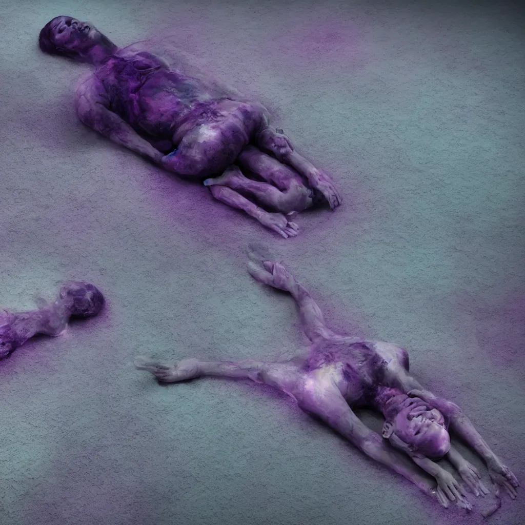 Image similar to macro of iridiscent oil spill with women corpses connected by cables and computers to wax forms to a buried baby relaxing on yoga mat, faded, iridiscent gradient, dust, purple fog, depth of field, by nadav kander and hans bellmer, 8 k, ultrarealistic, sad atmosphere, cinematic