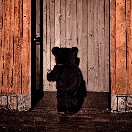 Image similar to dark photograph of a small bear mascot walking through a large wooden doorway