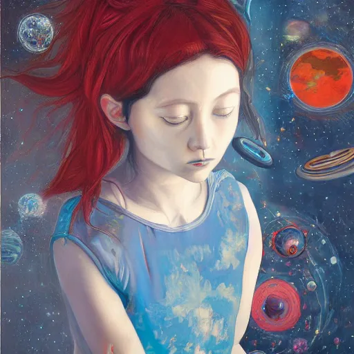 Prompt: james jean oil painting of a girl lost in space