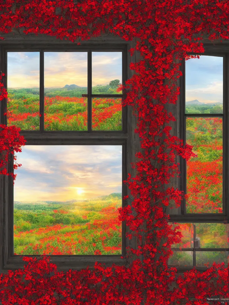 Image similar to a interior photo of a vintage house single window with view to the sunrise near some red flowers, hyperrealistic, digital painting, masterpiece, high quality, highly detailed, high coherence, path traced, serene landscape, beautiful, elegant, bloom, godrays, complementary colors, natural lighting, symmetrical, low contrast, geometrically correct