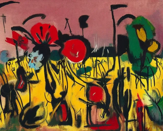 Prompt: painting of a flower field by graham sutherland, basquiat, greg rutkowski!!, neo - expressionism, muted colors!