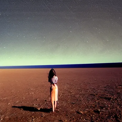 Image similar to woman standing on the surface of the planet saturn, looking at the rings in the sky