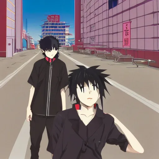 Prompt: japanese goth boy, anime boy, black hair, upturned collar, absurd spiky hair, rollerblading, rollerskates, cel - shading, 2 0 0 1 anime, flcl, jet set radio future, golden hour, japanese town, concentrated buildings, japanese neighborhood, construction site, cel - shaded, strong shadows, vivid hues, y 2 k aesthetic