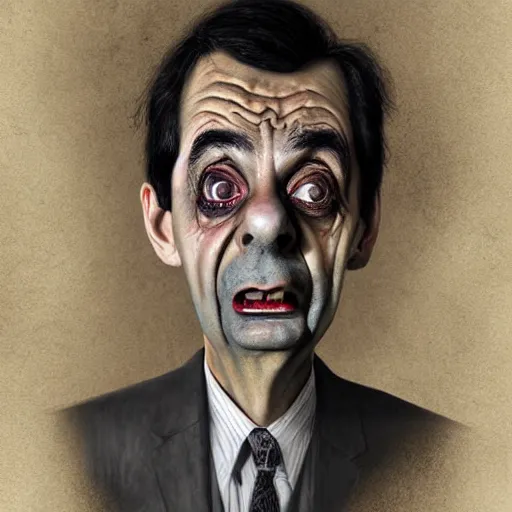 Image similar to surrealism grunge cartoon portrait sketch of Mr Bean, by michael karcz, loony toons style, freddy krueger style, horror theme, detailed, elegant, intricate