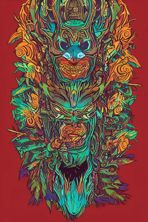 Image similar to animal mask totem roots flower tribal feather gemstone plant wood rock shaman vodoo video game vector cutout illustration vivid multicolor borderlands comics by josan gonzales and dan mumford radiating a glowing aura