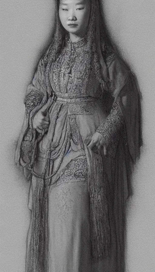 Prompt: yoon young bae as the high priestess, by rembrandt, black and white graphite drawing, smooth render, 3 / 4 view