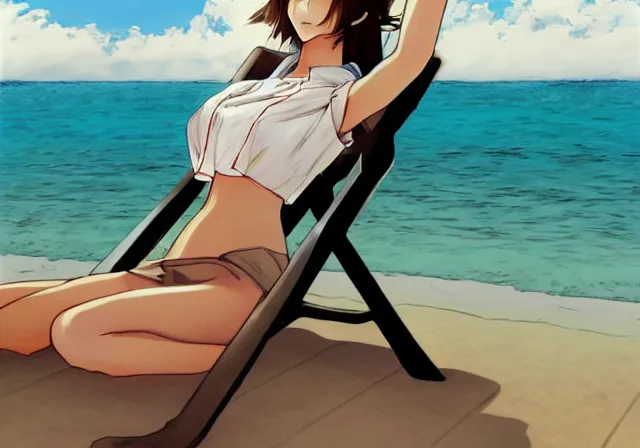 Image similar to A girl with short brown hair, wearing a white blouse, laying on a beach chair, drawn by WLOP, by Avetetsuya Studios, attractive character, colored sketch anime manga panel, trending on Artstation