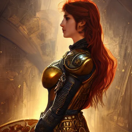 Image similar to portrait knights of Zodiac girl, metallic black and reddish color reflected armor, in ruined Agora of Athens, ssci-fi, fantasy, intricate, very very beautiful, elegant, golden light, highly detailed, digital painting, artstation, concept art, smooth, sharp focus, illustration, art by WLOP and tian zi and alphonse mucha