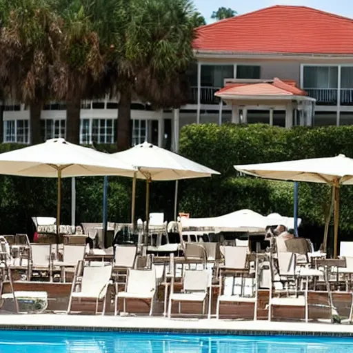 Prompt: scattered papers and cardboard boxes on chairs by the the pool at a florida country club, ap, news photo